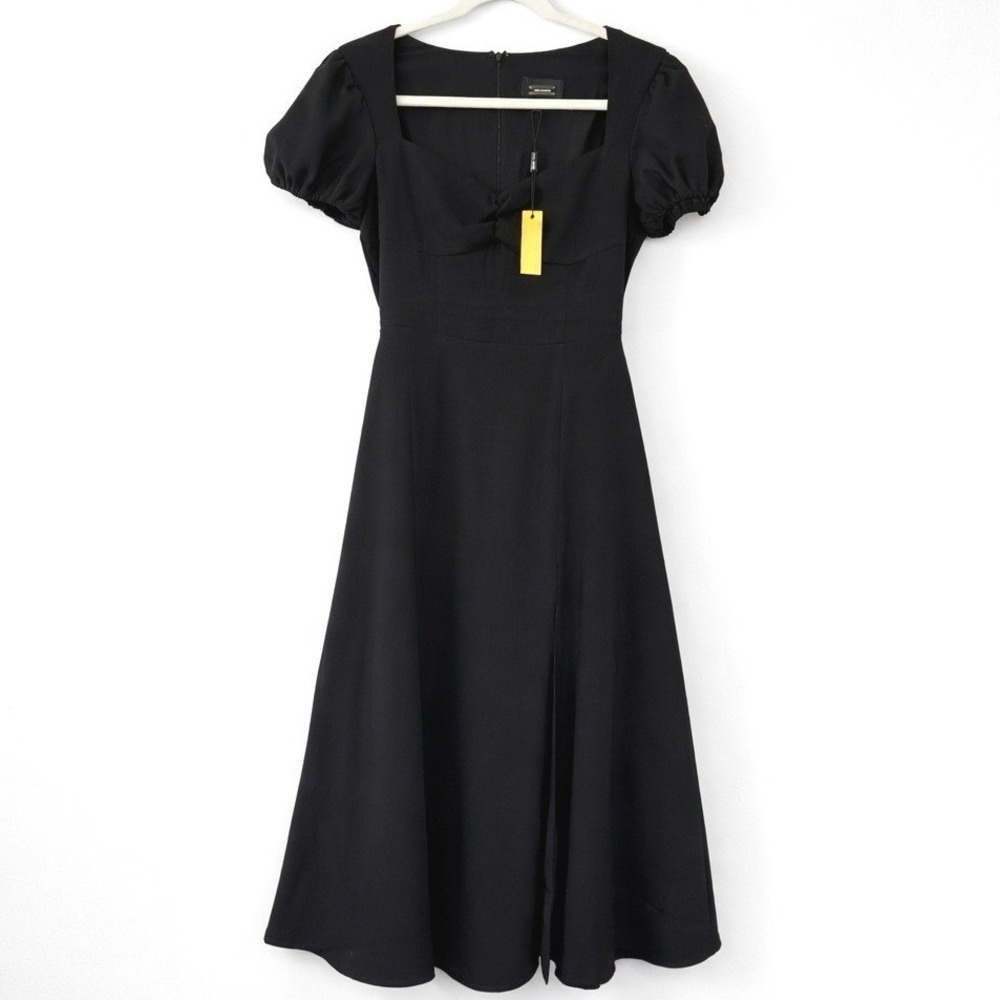 Alexia Admor Black Midi Dress Size 2 Puff Sleeve Square Neck Modern Romantic